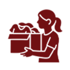 A simple illustration of a person holding a box filled with clothes. The person is shown in profile and the image uses a solid, dark red color on a white background.