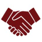 A simple maroon icon of two hands shaking, symbolizing agreement, partnership, or cooperation, on a white background.