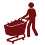 A simple, maroon-colored icon of a person pushing a shopping cart filled with items, depicted in a stick figure style on a white background.