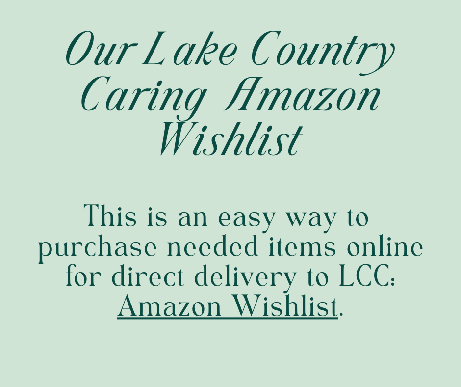 Light green graphic with dark green text reading: Our Lake Country Caring Amazon Wishlist. This is an easy way to purchase needed items online for direct delivery to LCC: Amazon Wishlist.
