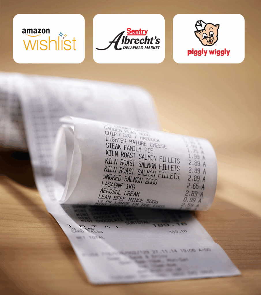 A close-up of a rolled grocery receipt on a table, with logos for Amazon Wishlist, Sentry Albrecht’s Delafield Market, and Piggly Wiggly displayed above it.