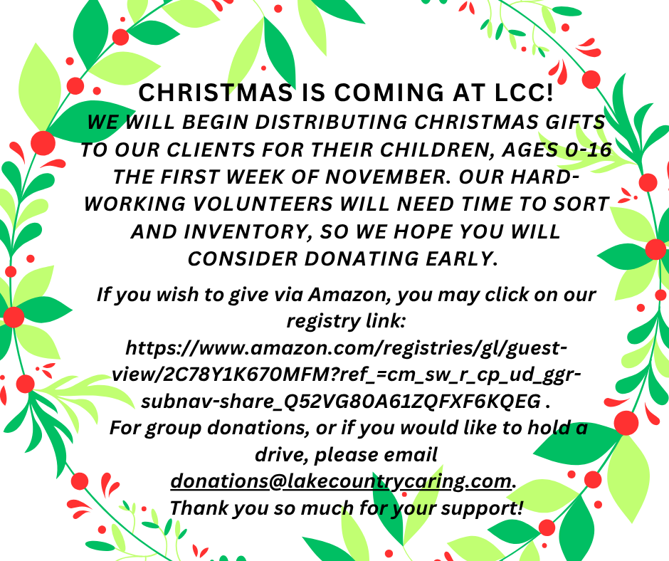 Flyer with red and green floral border announcing Christmas gift distribution at LCC for children 0-16 in November, requesting early donations and volunteers. Includes Amazon registry link and contact email for group donations.