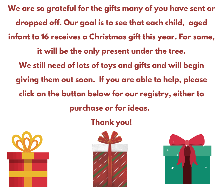 Text message asking for Christmas gift donations for children aged infant to 16, with a link to a gift registry, illustrated with three wrapped gift boxes at the bottom.