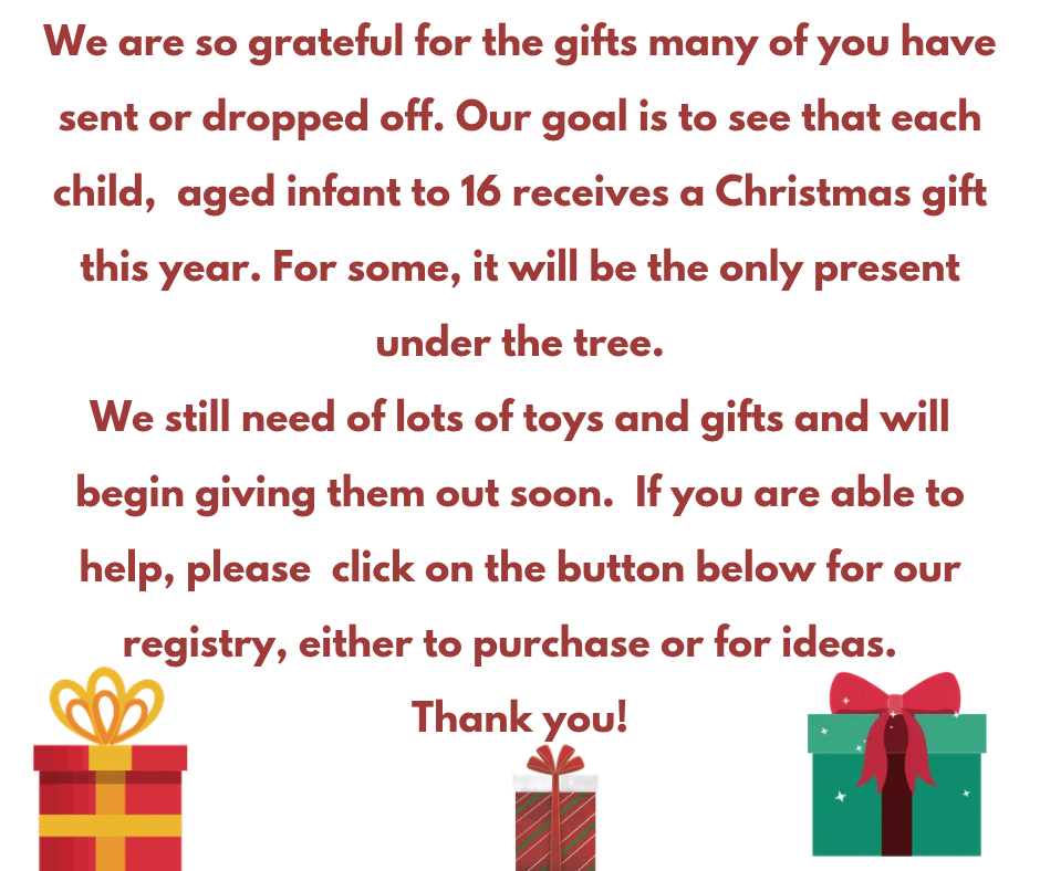 Text asking for holiday gift donations for children aged infant to 16, with a link to a gift registry and illustrations of three wrapped presents.